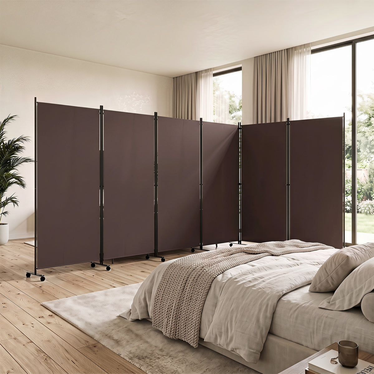 6 Panel Folding Privacy Screen Room Divider with Wheels-Coffee