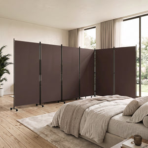 6 Panel Folding Privacy Screen Room Divider with Wheels-Coffee