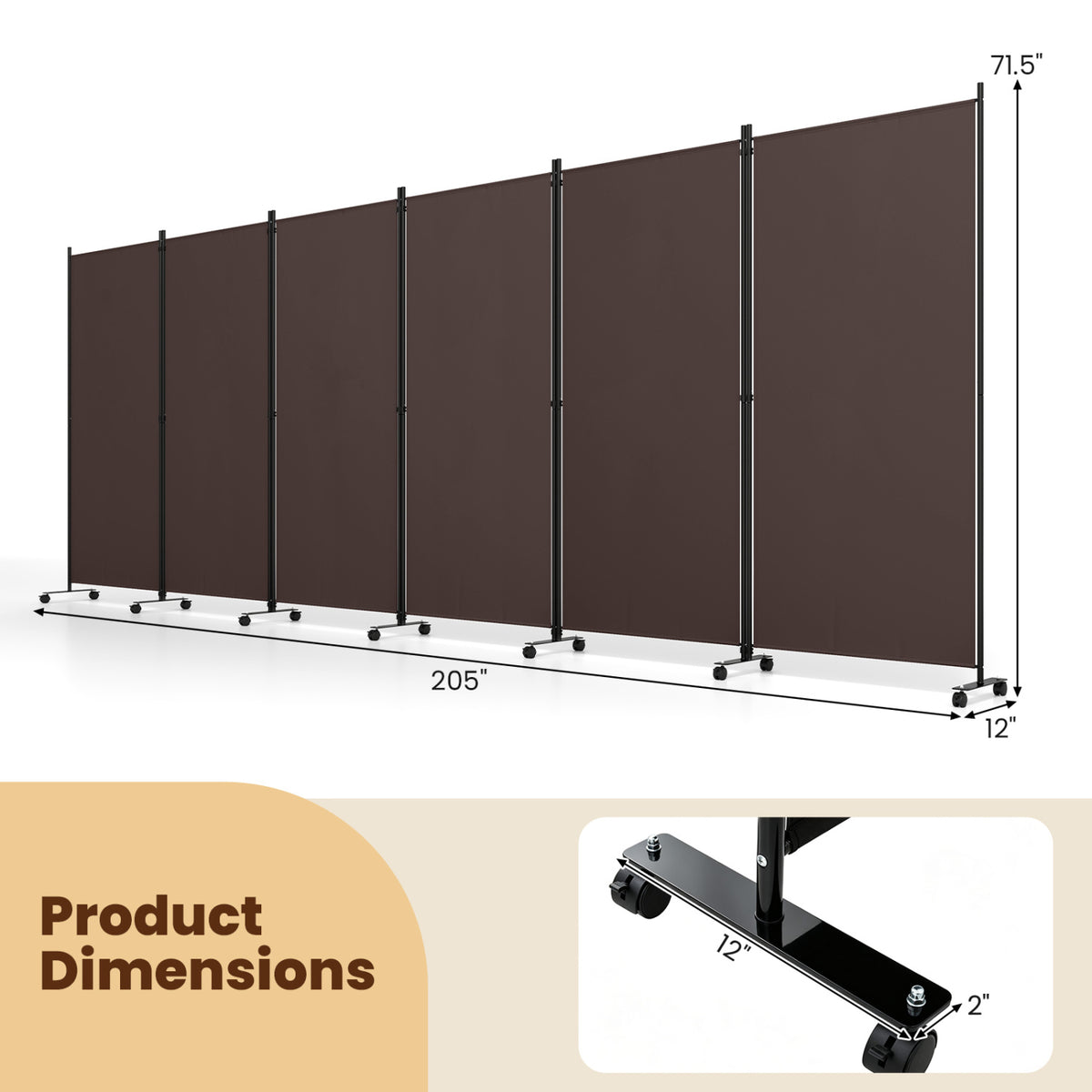 6 Panel Folding Privacy Screen Room Divider with Wheels-Coffee