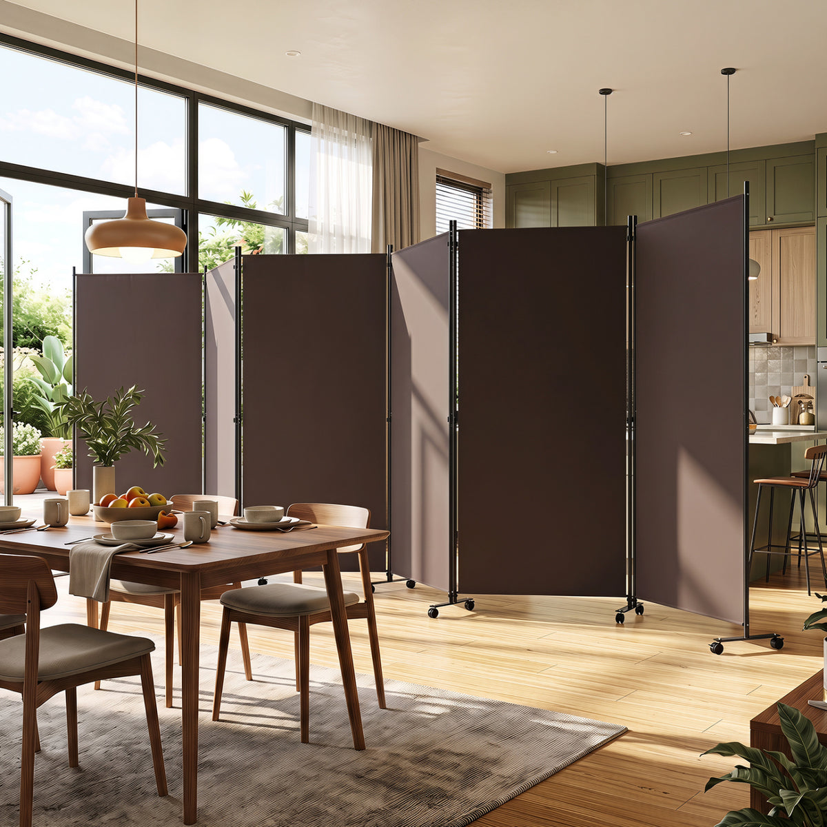 6 Panel Folding Privacy Screen Room Divider with Wheels-Coffee
