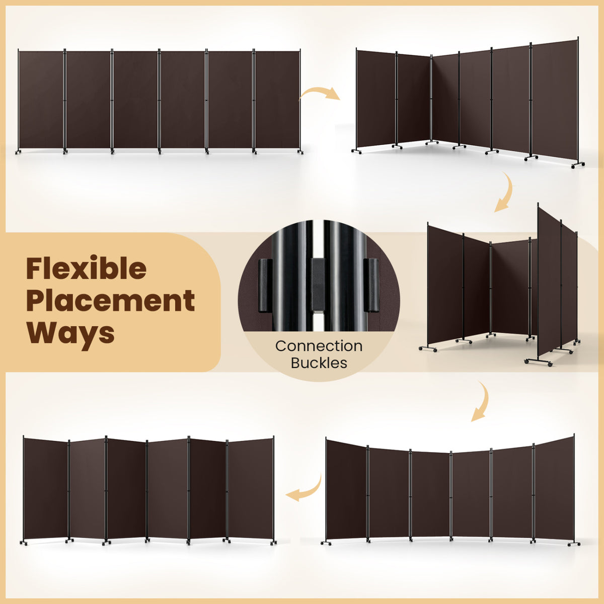 6 Panel Folding Privacy Screen Room Divider with Wheels-Coffee