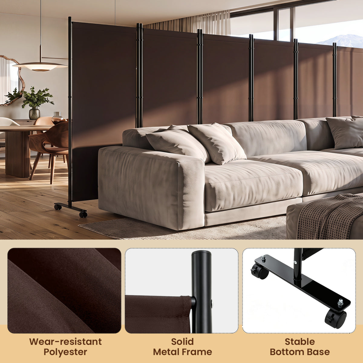 6 Panel Folding Privacy Screen Room Divider with Wheels-Coffee