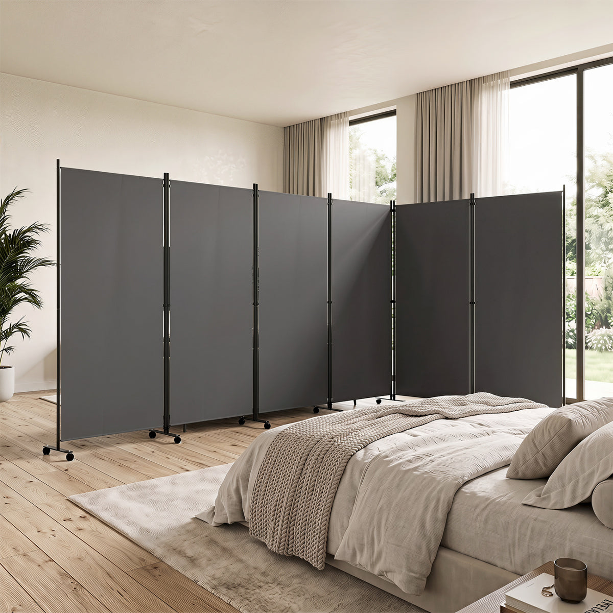 6 Panel Folding Privacy Screen Room Divider with Wheels-Gray