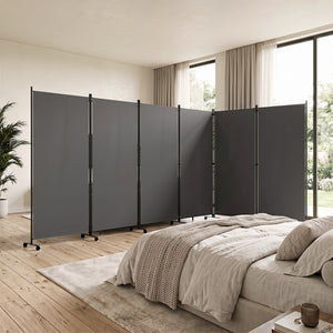 6 Panel Folding Privacy Screen Room Divider with Wheels-Gray