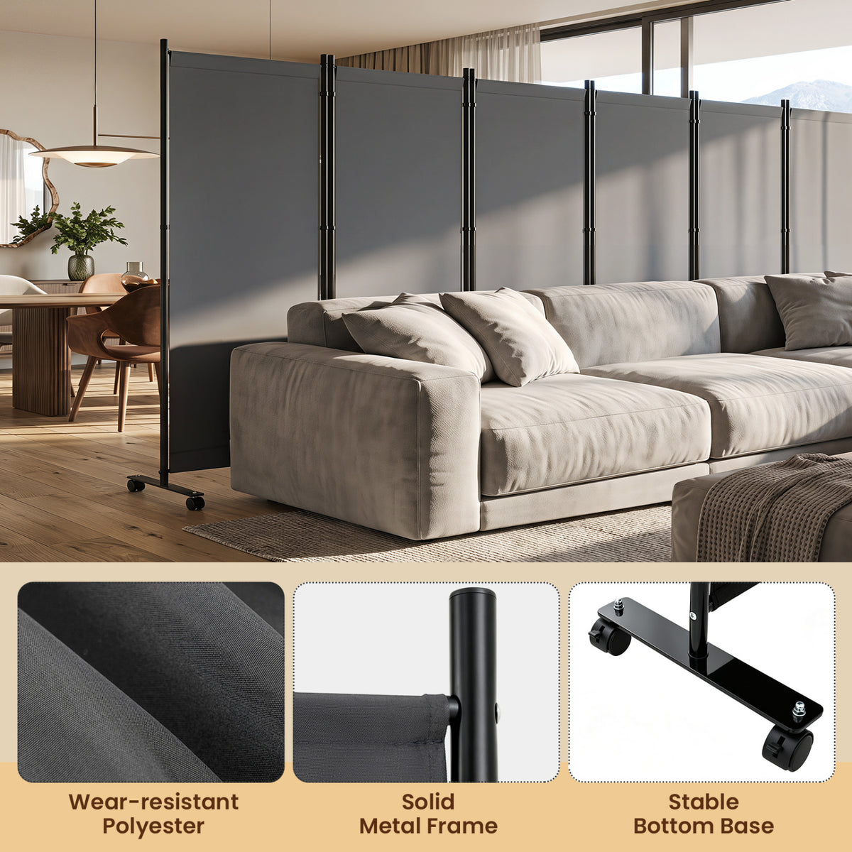 6 Panel Folding Privacy Screen Room Divider with Wheels-Gray