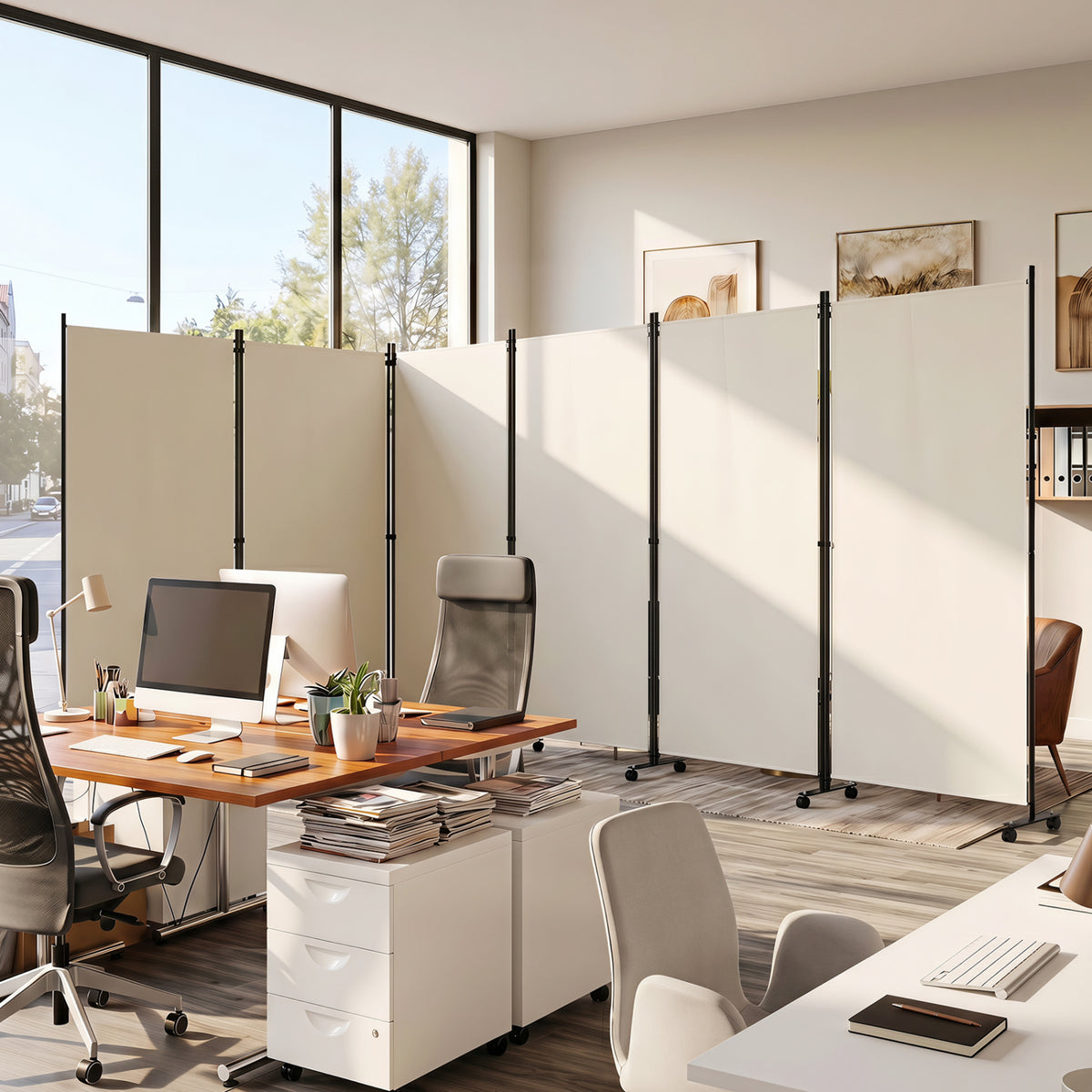 6 Panel Folding Privacy Screen Room Divider with Wheels-White