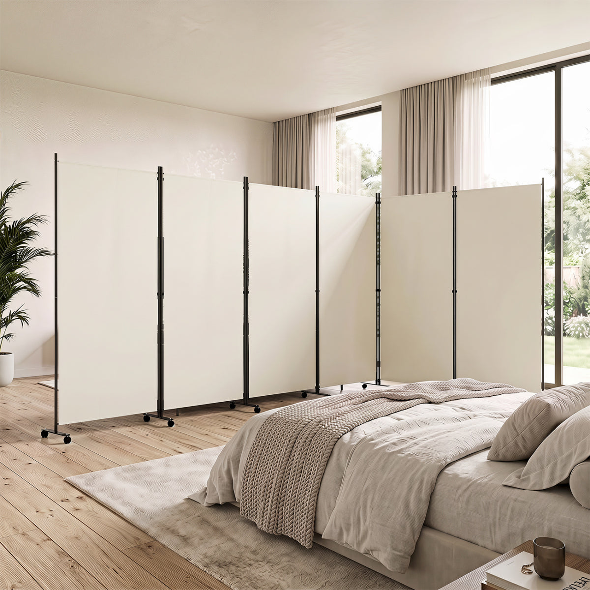 6 Panel Folding Privacy Screen Room Divider with Wheels-White
