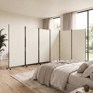 6 Panel Folding Privacy Screen Room Divider with Wheels-White