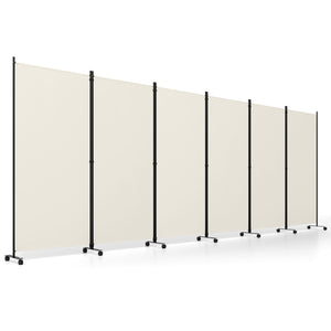 6 Panel Folding Privacy Screen Room Divider with Wheels-White