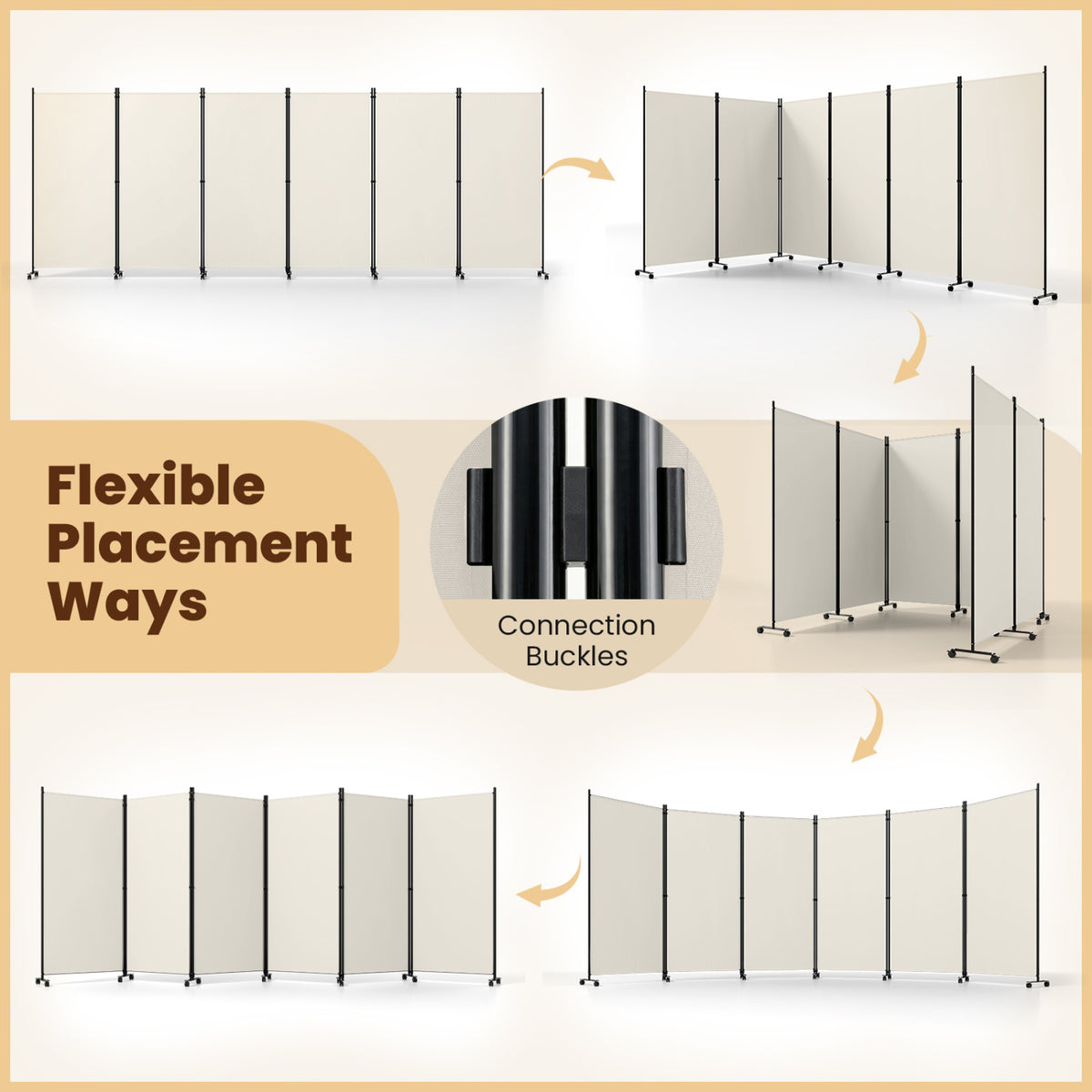 6 Panel Folding Privacy Screen Room Divider with Wheels-White