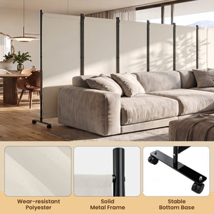 6 Panel Folding Privacy Screen Room Divider with Wheels-White