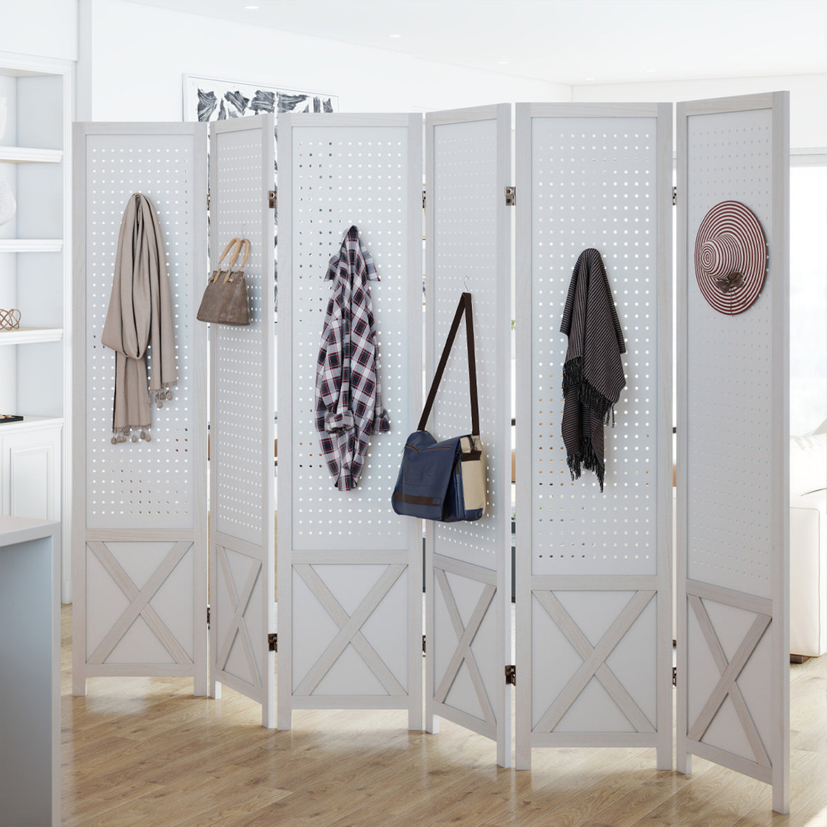 6-Panel Pegboard Room Divider 67 Inches Tall Foldable Privacy Screen