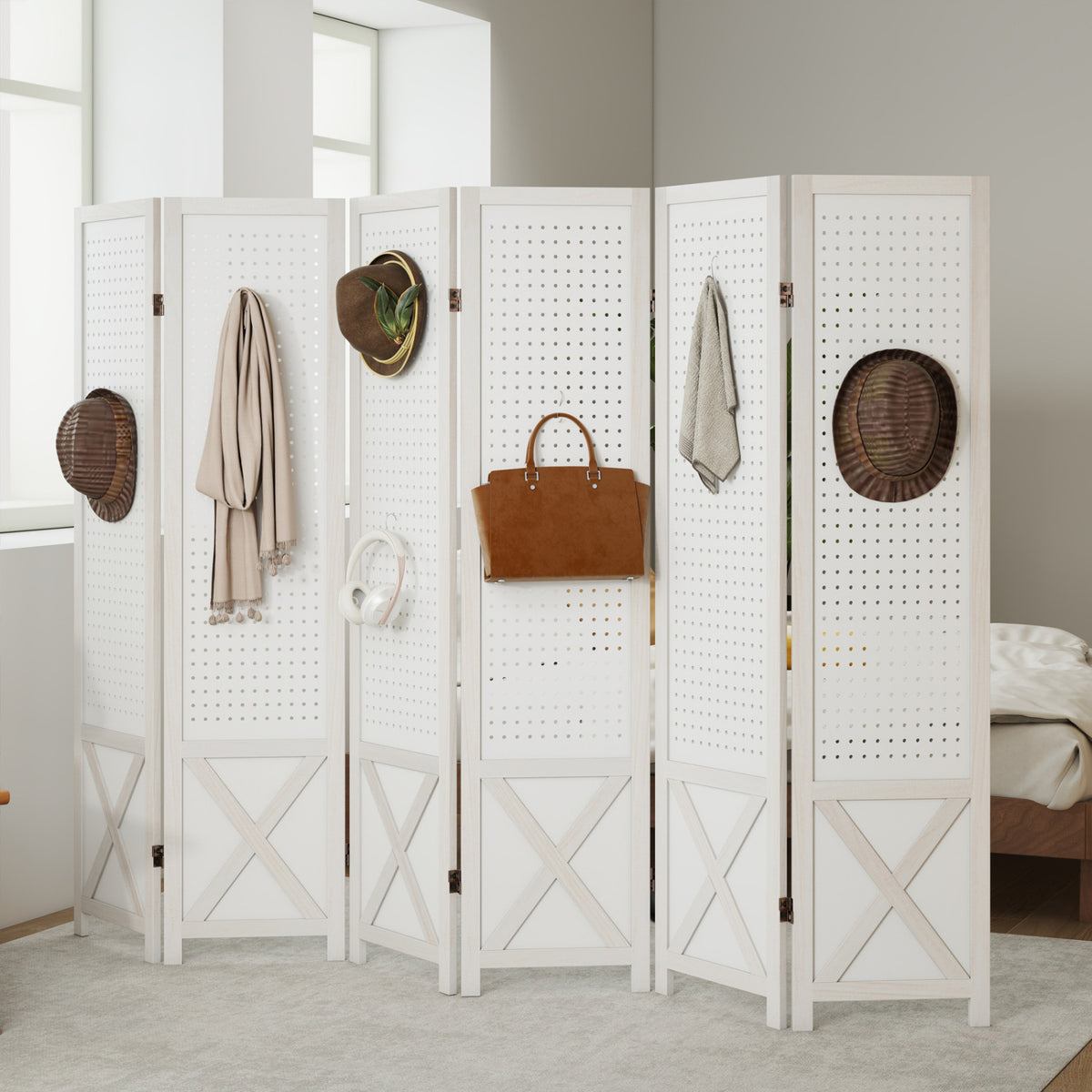 6-Panel Pegboard Room Divider 67 Inches Tall Foldable Privacy Screen
