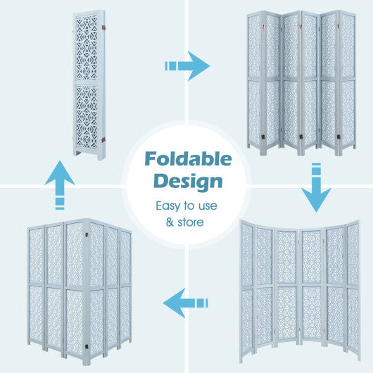 4/6 Panel Wooden Room Divider with Carved Cutout Pattern and Solid Wood Frame-6 Panel
