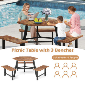 6 Person Acacia Wood Picnic Table Bench Set with 3 Seats