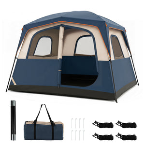 6-Person Camping Tent Easy Setup Family Cabin Tent with Top Rainfly Mesh Windows-Blue