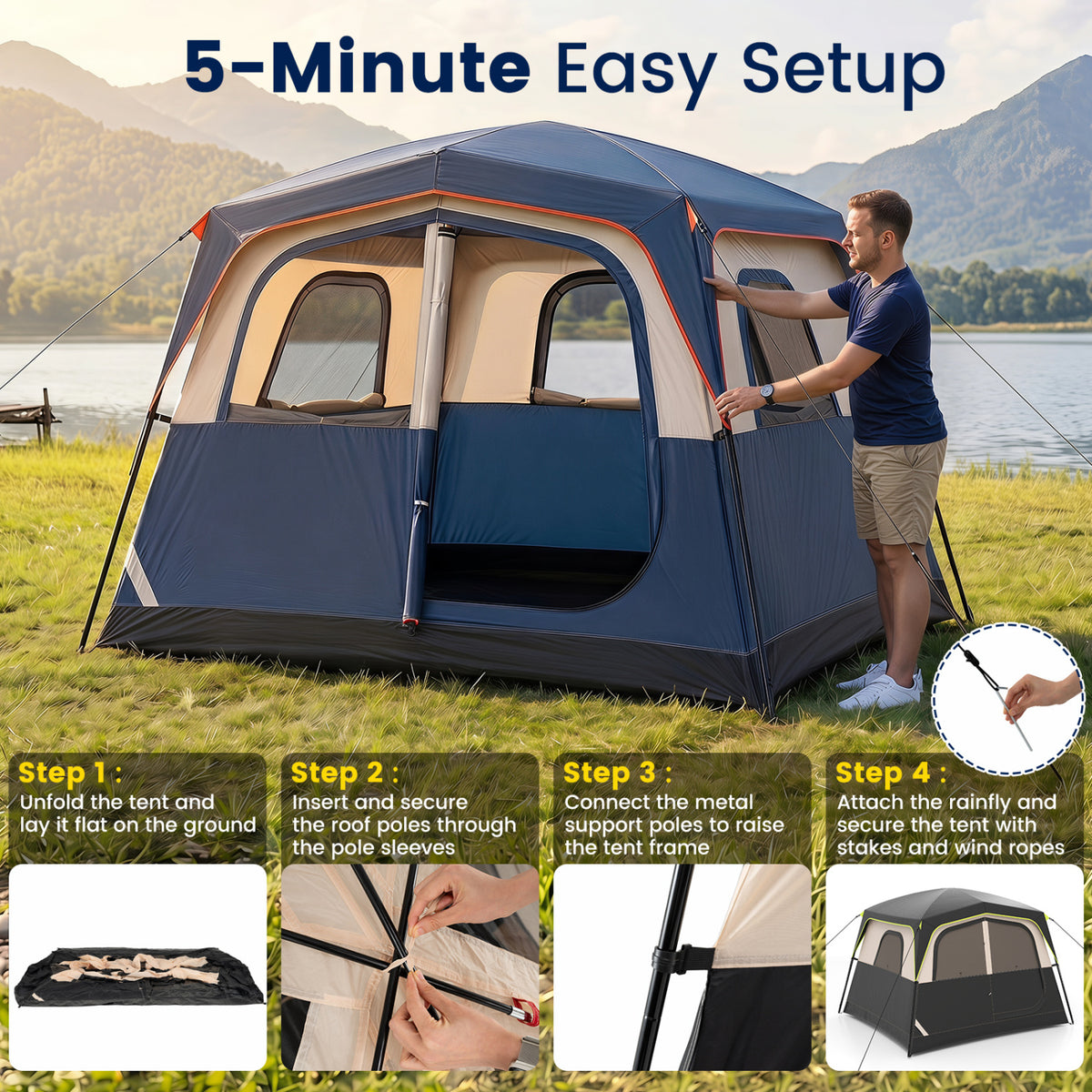 6-Person Camping Tent Easy Setup Family Cabin Tent with Top Rainfly Mesh Windows-Blue