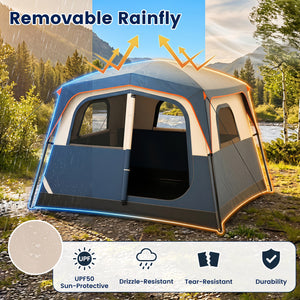 6-Person Camping Tent Easy Setup Family Cabin Tent with Top Rainfly Mesh Windows-Blue