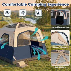 6-Person Camping Tent Easy Setup Family Cabin Tent with Top Rainfly Mesh Windows-Blue
