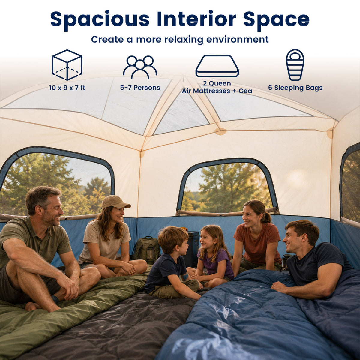 6-Person Camping Tent Easy Setup Family Cabin Tent with Top Rainfly Mesh Windows-Blue