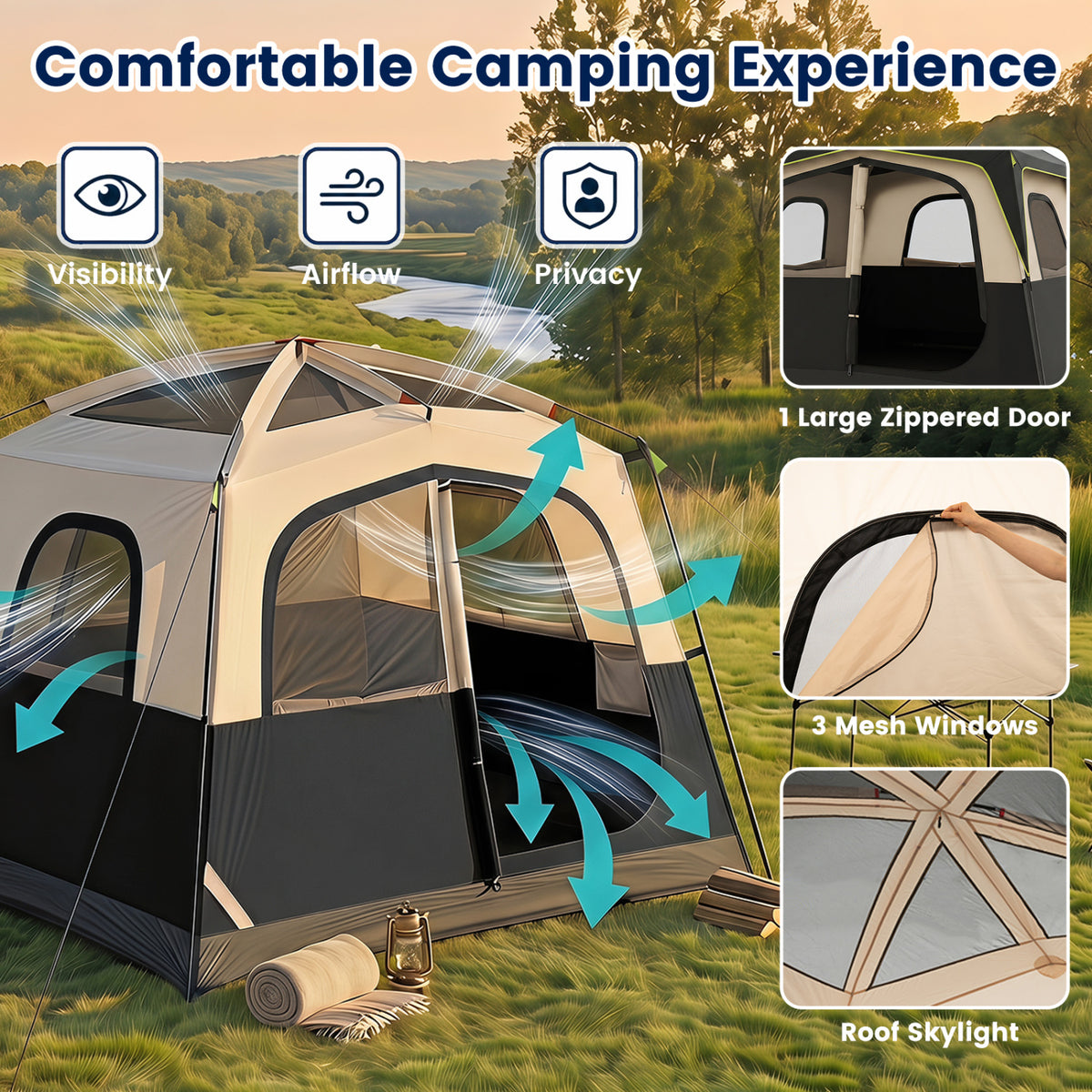 6-Person Camping Tent Easy Setup Family Cabin Tent with Top Rainfly Mesh Windows-Black
