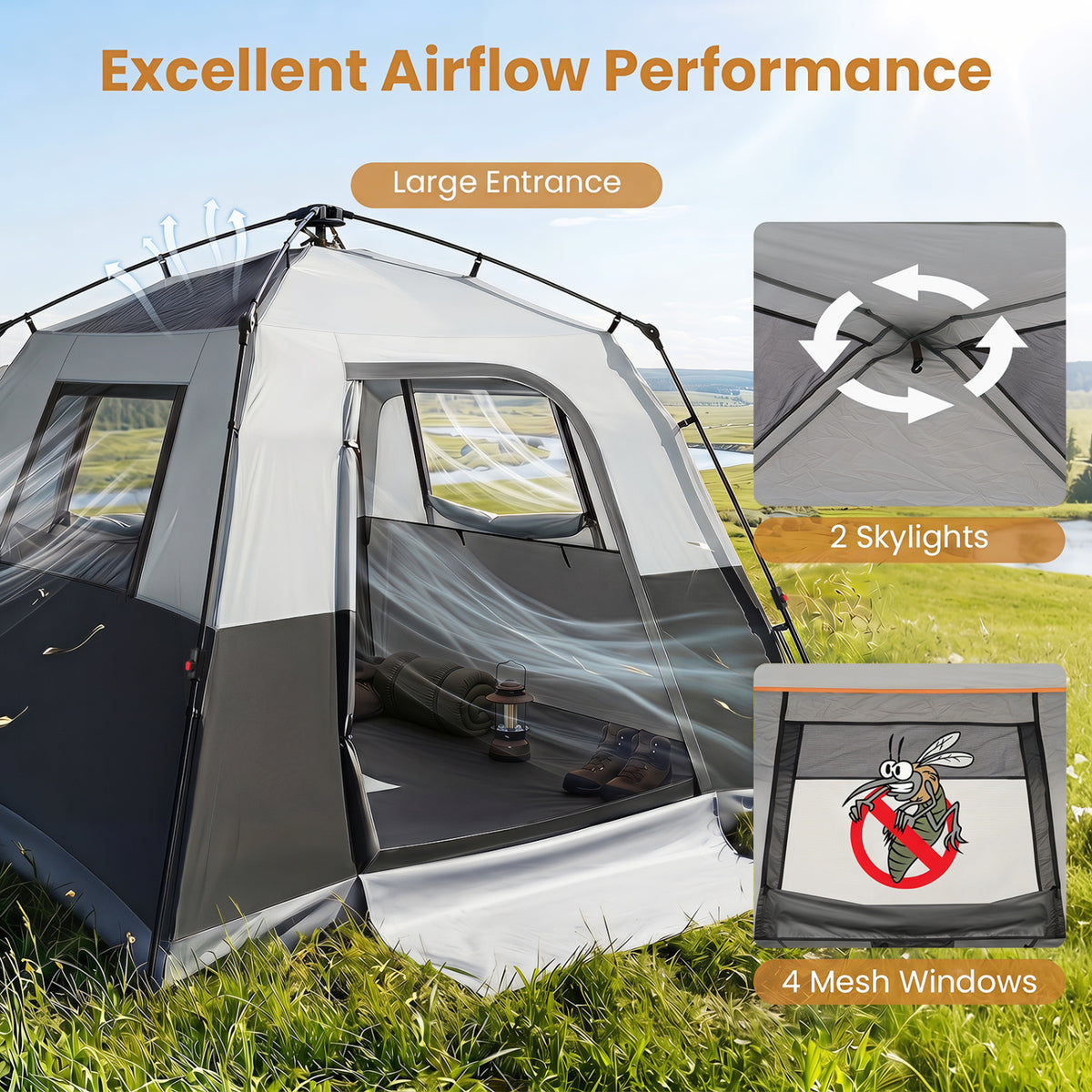 6-Person Outdoor Camping Tent Blackout Easy Setup Instant Cabin Tent with Rainfly and Carrying Bag-Grey