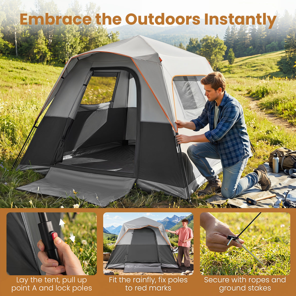 6-Person Outdoor Camping Tent Blackout Easy Setup Instant Cabin Tent with Rainfly and Carrying Bag-Grey