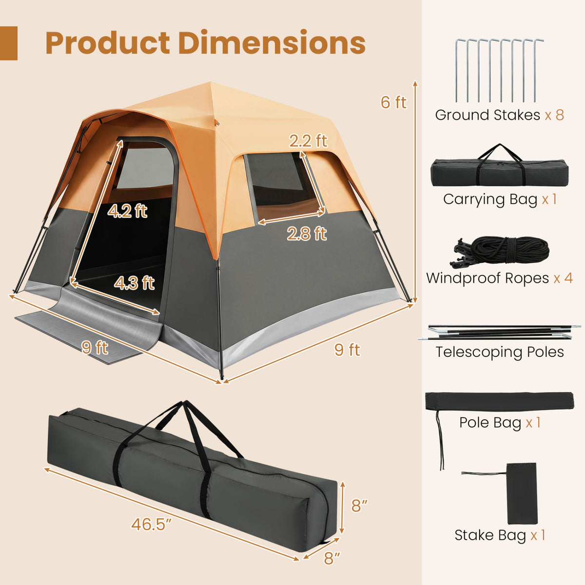 6-Person Outdoor Camping Tent Blackout Easy Setup Instant Cabin Tent with Rainfly and Carrying Bag-Orange