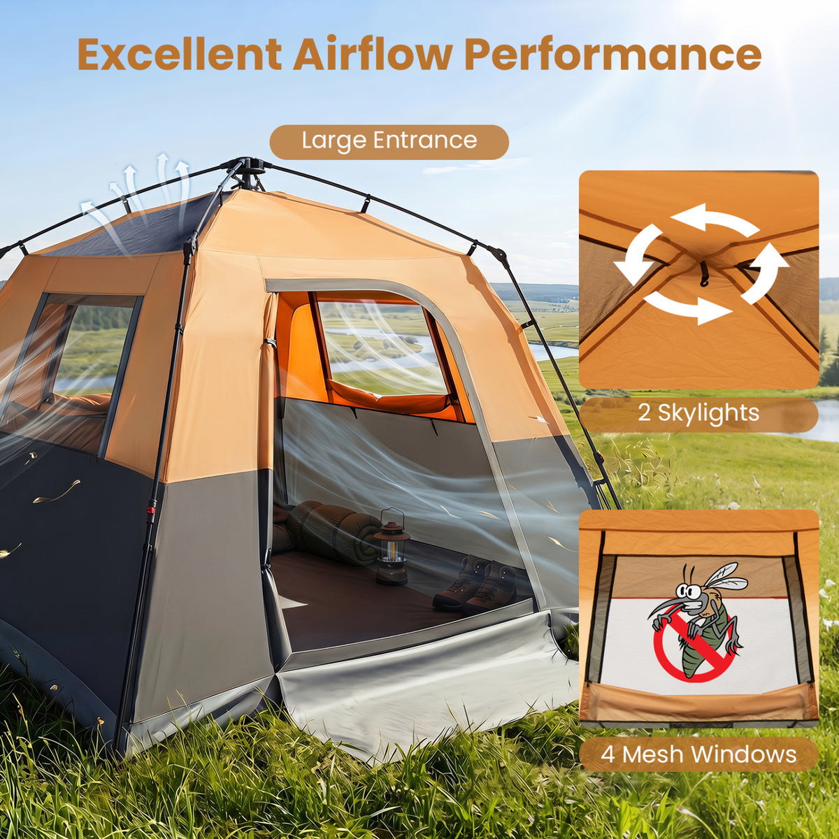 6-Person Outdoor Camping Tent Blackout Easy Setup Instant Cabin Tent with Rainfly and Carrying Bag-Orange