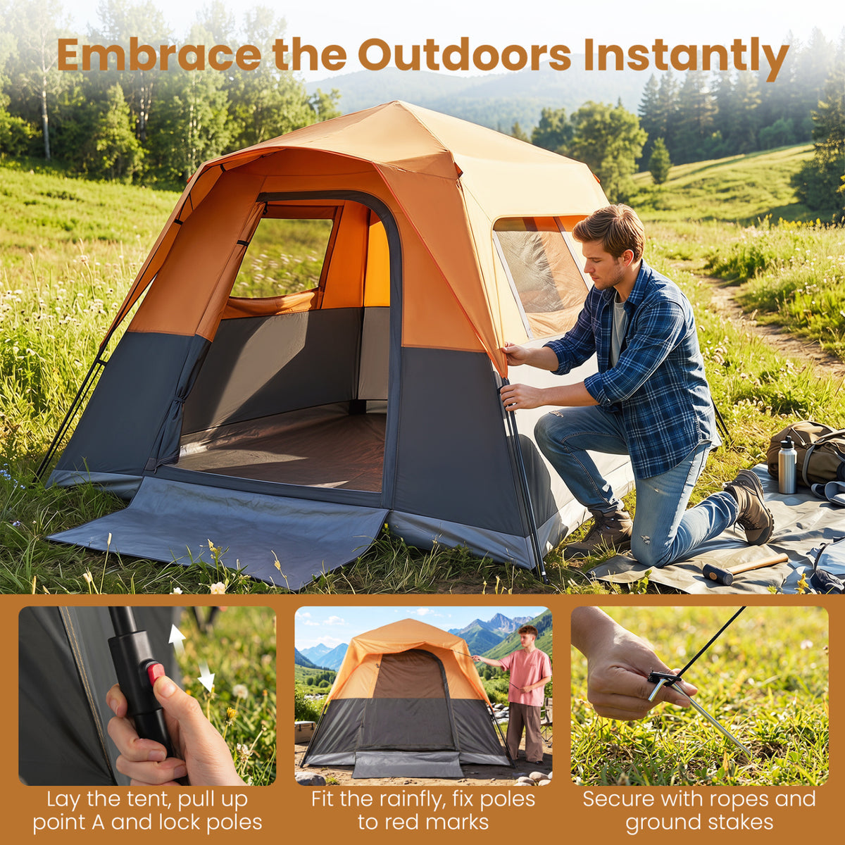 6-Person Outdoor Camping Tent Blackout Easy Setup Instant Cabin Tent with Rainfly and Carrying Bag-Orange