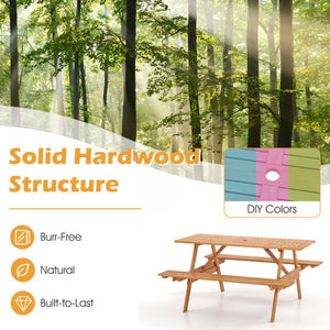 6 Person Picnic Table Set Patio Rectangle with 2 Built-in Benches and Umbrella Hole