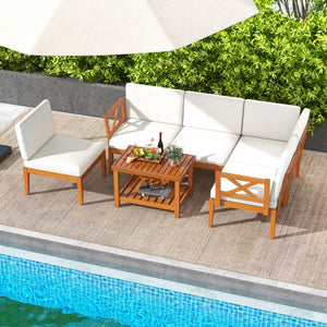 6 Pieces Acacia Wood Patio Furniture Set with Cushions and 2-Tier Coffee Table-White