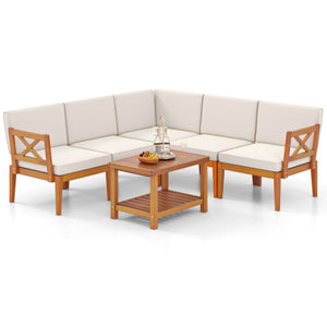 6 Pieces Acacia Wood Patio Furniture Set with Cushions and 2-Tier Coffee Table-White