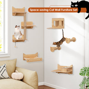 6 Pieces Cat Wall Furniture Set Kitten Wall Mounted Shelves-Natural