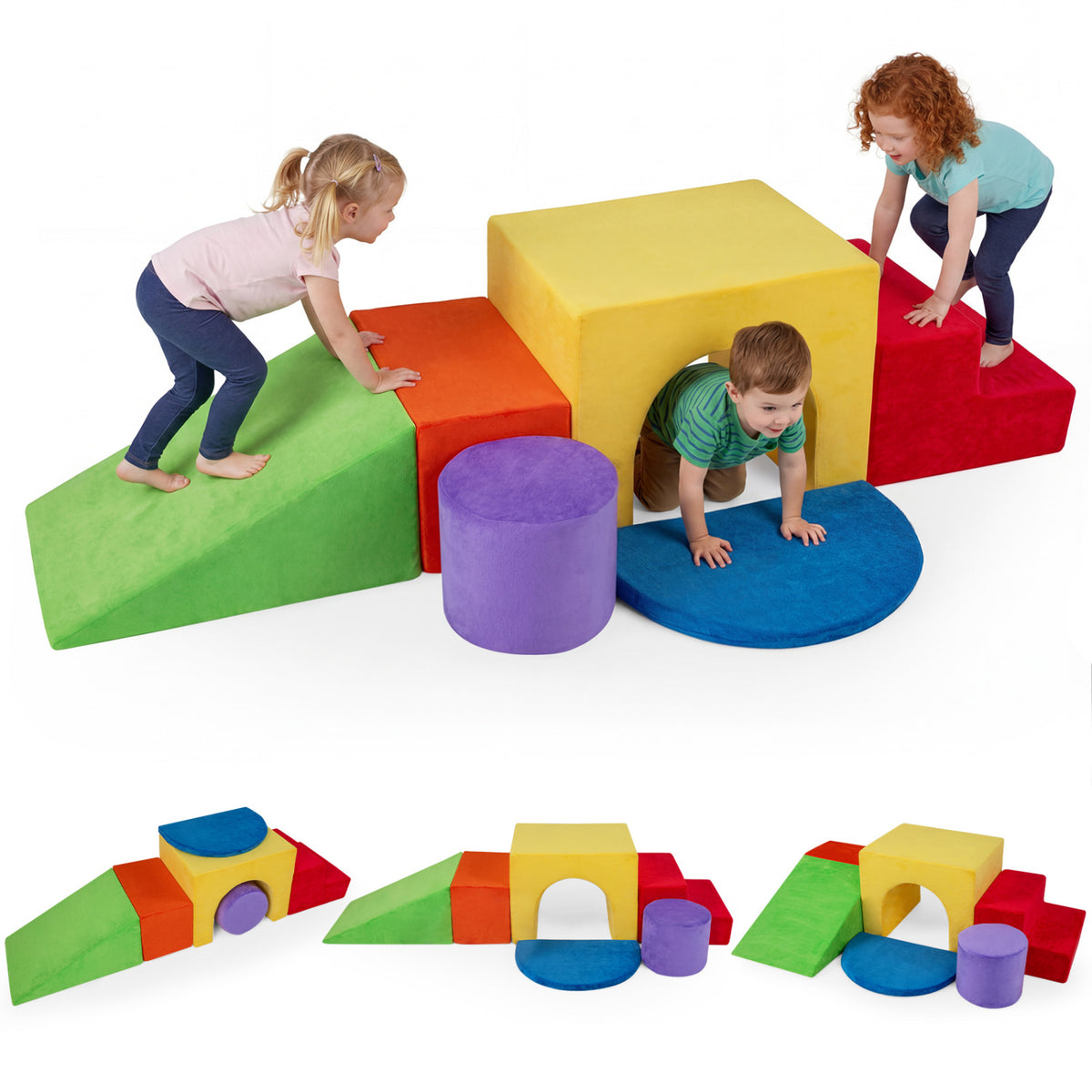6 Pieces Foam Climbing Blocks for Kids with Slide and Tunnel-Red