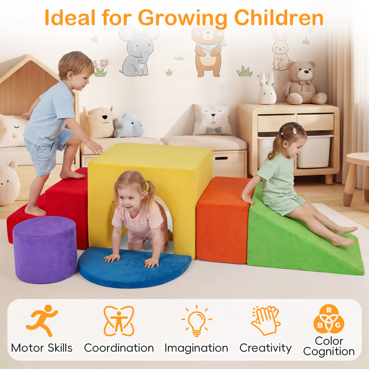 6 Pieces Foam Climbing Blocks for Kids with Slide and Tunnel-Red
