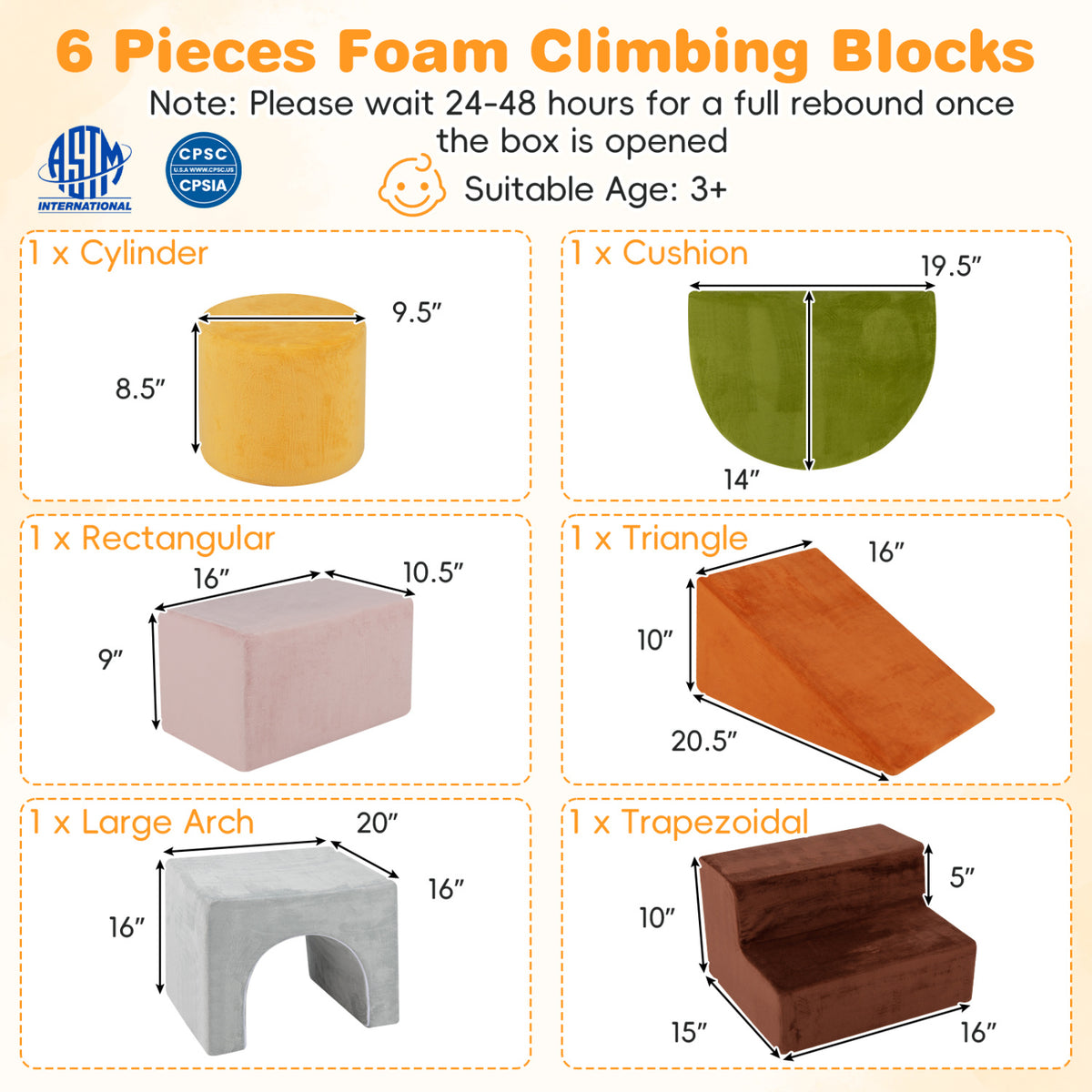 6 Pieces Foam Climbing Blocks for Kids with Slide and Tunnel-Gray