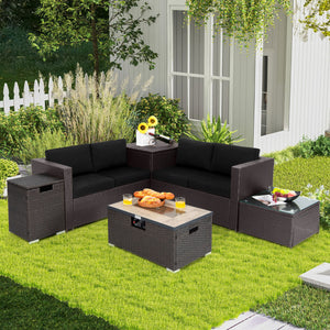 6 Pieces Outdoor Wicker Furniture Set with 32 Inch Propane Fire Pit Table-Black