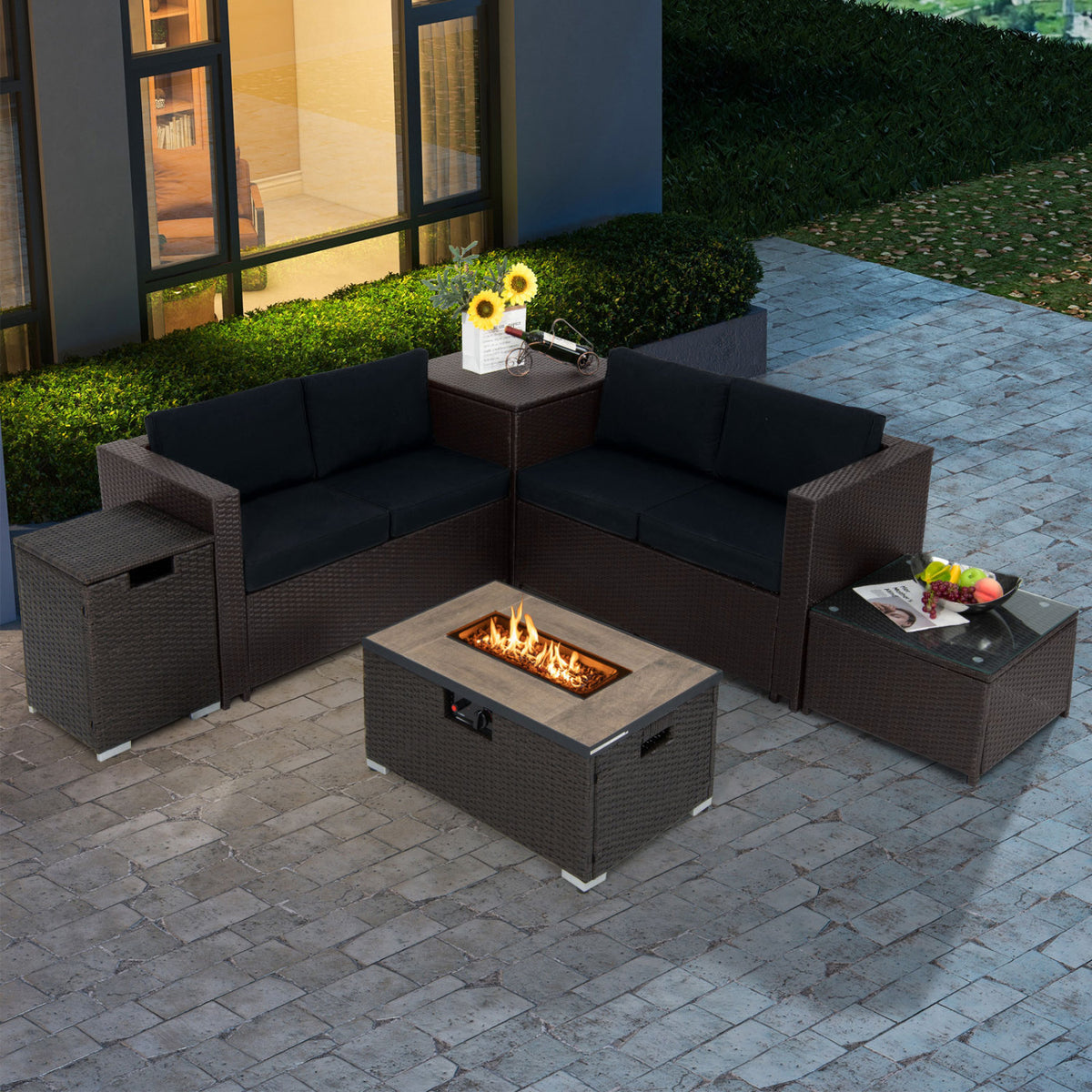 6 Pieces Outdoor Wicker Furniture Set with 32 Inch Propane Fire Pit Table-Black