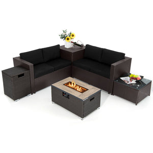 6 Pieces Outdoor Wicker Furniture Set with 32 Inch Propane Fire Pit Table-Black