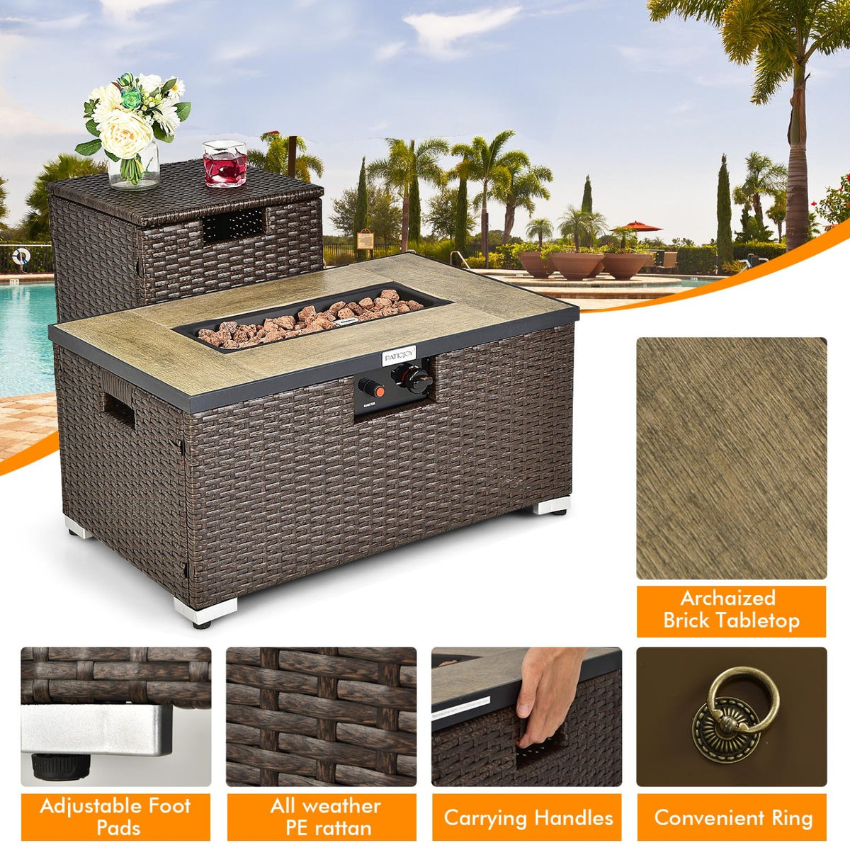 6 Pieces Outdoor Wicker Furniture Set with 32 Inch Propane Fire Pit Table-Black