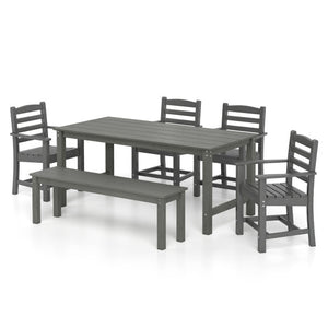 6 Pieces Patio Dining Bench Set Outdoor HDPE Weather Resistant Table and Chairs Set-Grey
