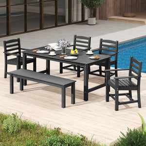 6 Pieces Patio Dining Bench Set Outdoor HDPE Weather Resistant Table and Chairs Set-Black