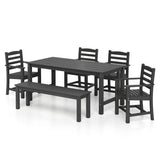 6 Pieces Patio Dining Bench Set Outdoor HDPE Weather Resistant Table and Chairs Set-Black