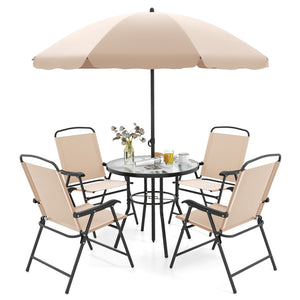 6 Pieces Patio Dining Set with Umbrella and 4 Folding Armchairs-Beige