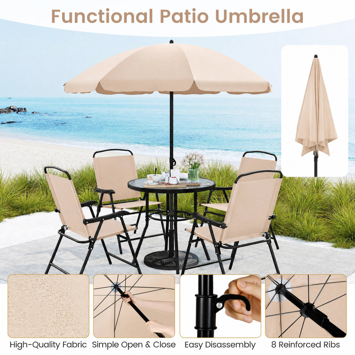 6 Pieces Patio Dining Set with Umbrella and 4 Folding Armchairs-Beige