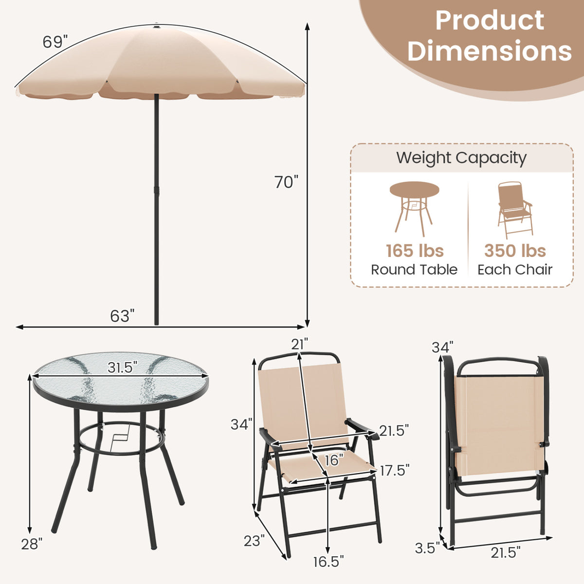 6 Pieces Patio Dining Set with Umbrella and 4 Folding Armchairs-Beige