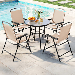 6 Pieces Patio Dining Set with Umbrella and 4 Folding Armchairs-Beige