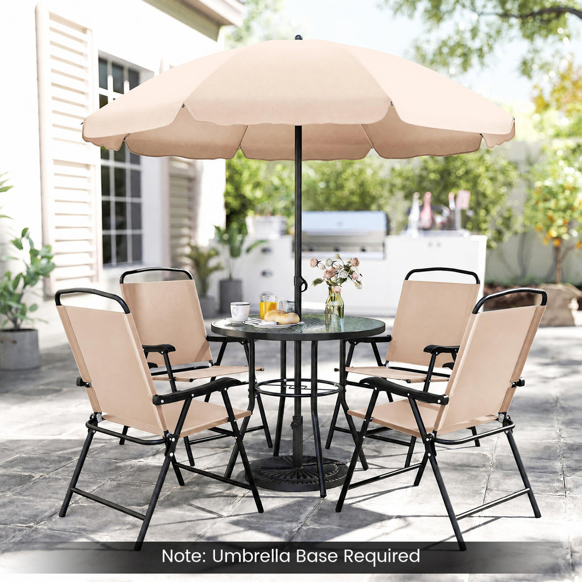 6 Pieces Patio Dining Set with Umbrella and 4 Folding Armchairs-Beige