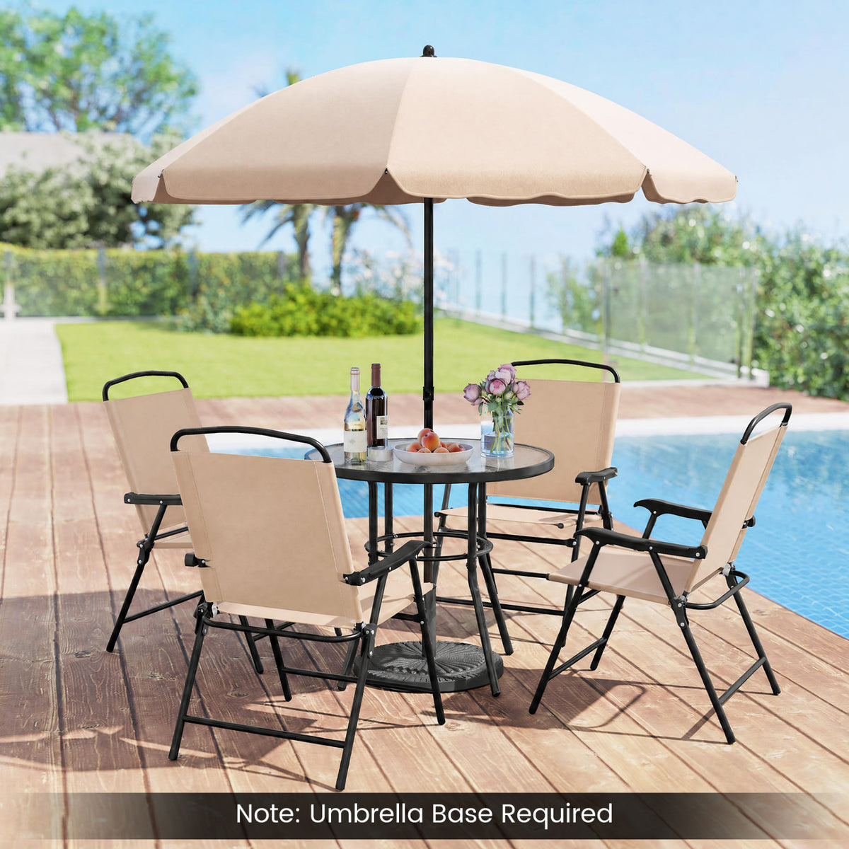 6 Pieces Patio Dining Set with Umbrella and 4 Folding Armchairs-Beige